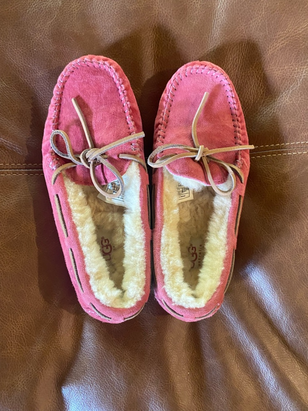 UGG Pink Suede Shearling Lined Moccasin Slippers